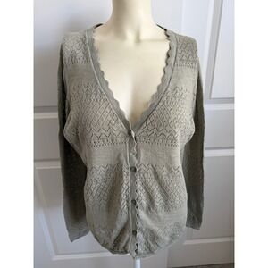 Frye Womens Sage Green Pointelle Knit Scalloped V-Neck Cardigan Sweater Large